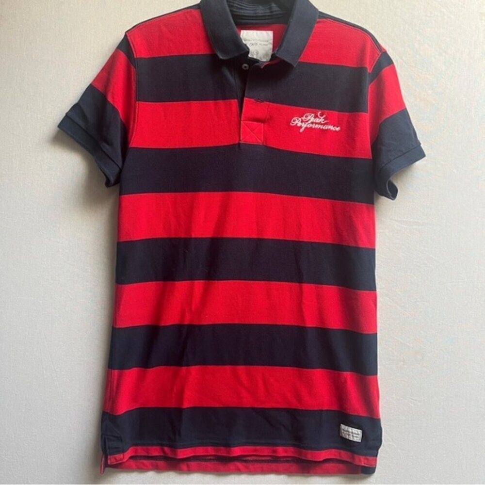 Peak Performance Men's Red Blue Striped Short Sleeve Polo Shirt M